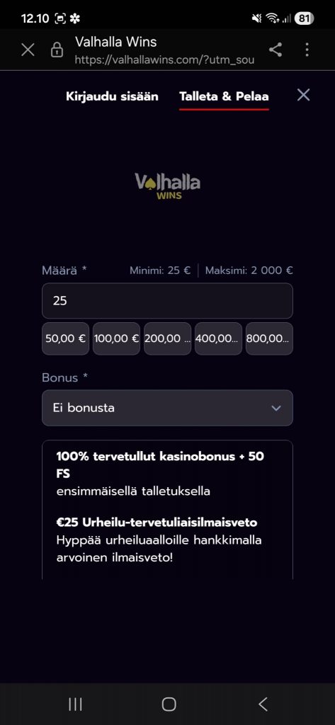 Valhalla Winsillä on useita bonuksia tarjolla