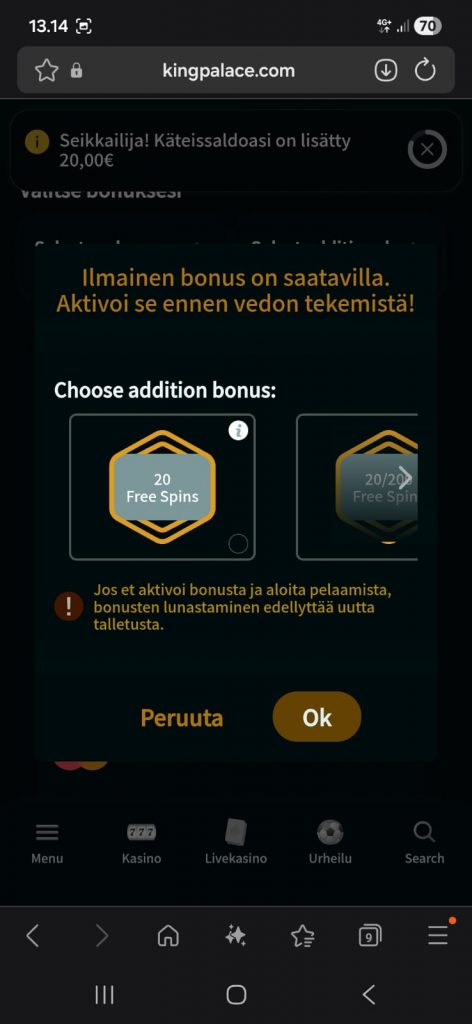 Bonus valitaan talletuksen jälkeen