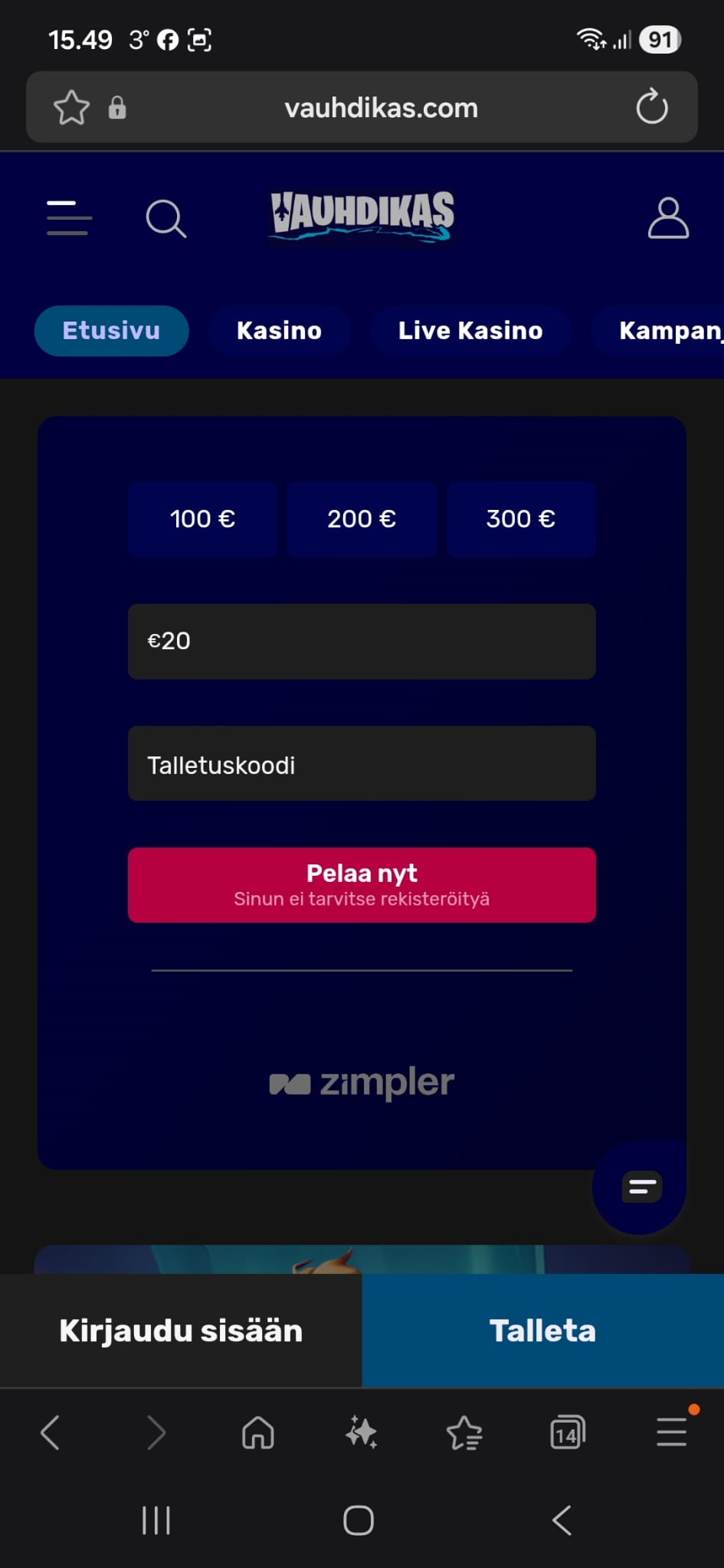 Talletus tapahtuu heti